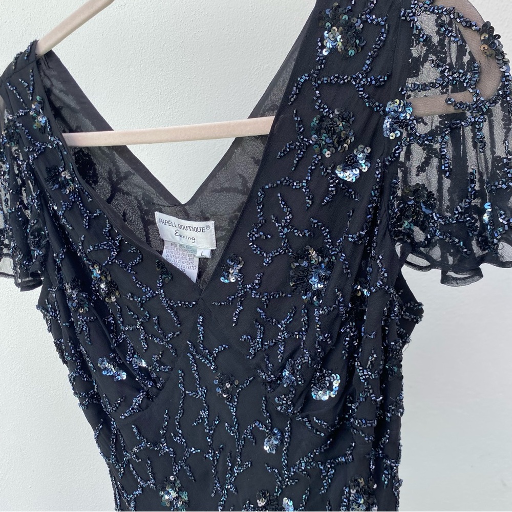 Y2K Papell Boutique 100% Silk Black Beaded Fairy Princess Blouse Size Large